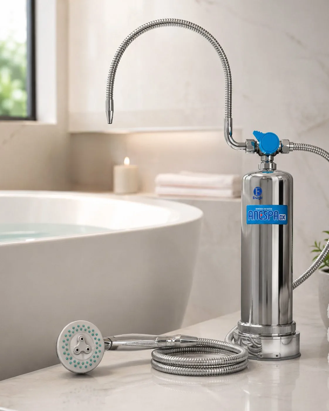 The Anespa DX beside a freestanding soaking tub, with a candle and folded towels